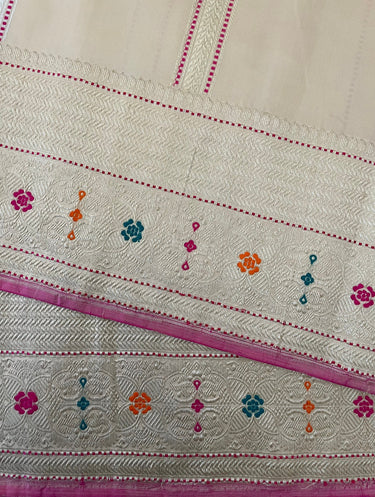 Banarasi Katan Silk Saree | Beige With Meenakari Border | Gold & Silver Zari | Handwoven | Silk Mark | Ships from California